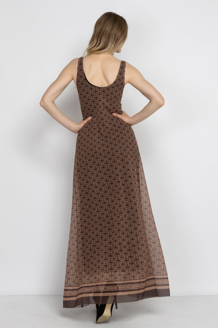 SLEEVELESS LONG MESH DRESS WITH SOFT MODAL LINING - MOCHA MOUSSE LOGO