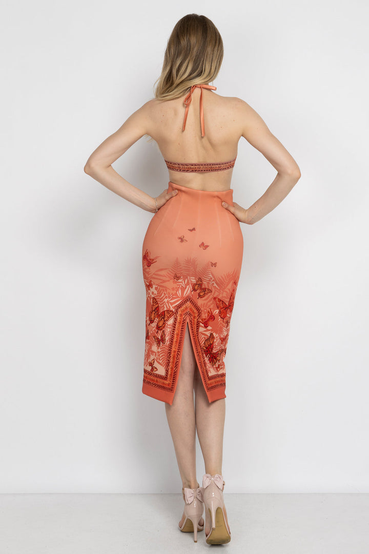 KNEE-LENGTH PENCIL SKIRT - PAPAYA BUTTERFLIES