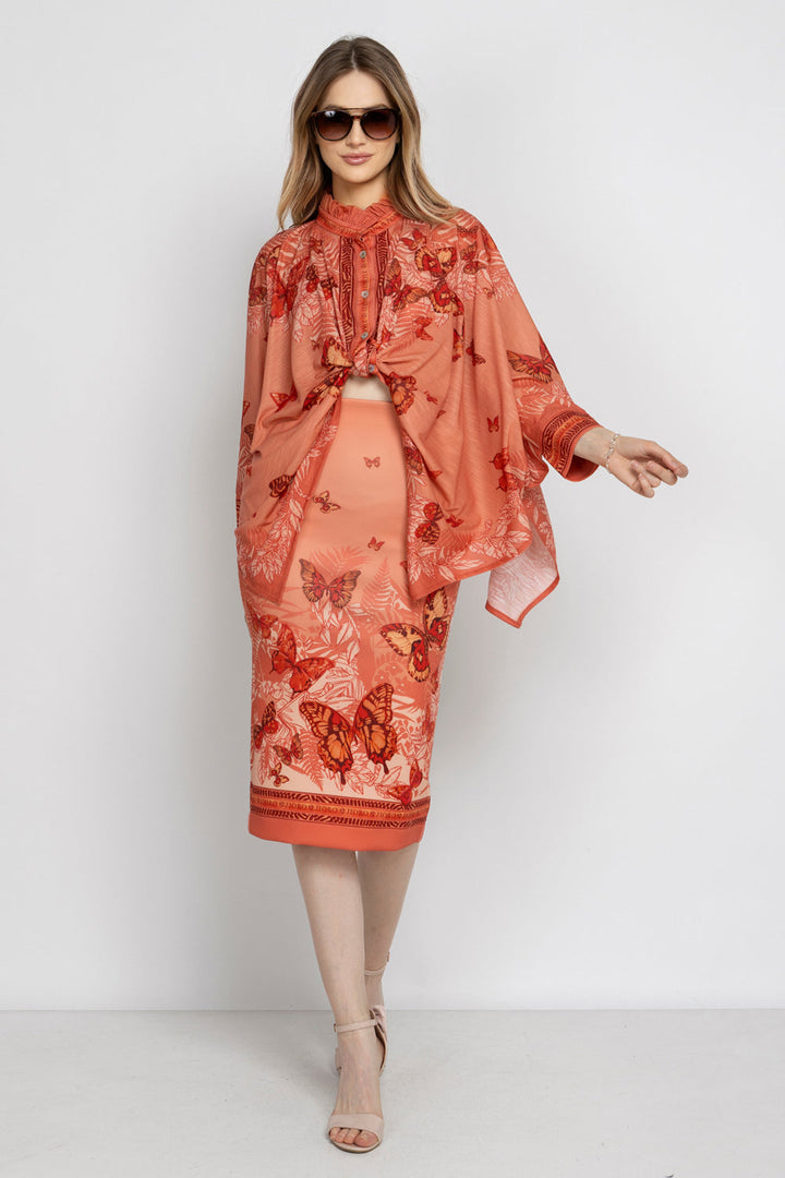 KNEE-LENGTH PENCIL SKIRT - PAPAYA BUTTERFLIES