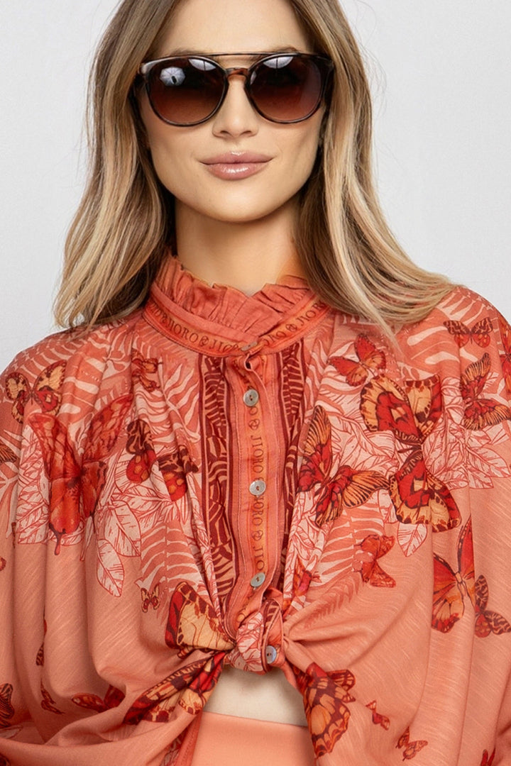 SQUARE TUNIC WITH RUFFLED COLLAR - PAPAYA BUTTERFLIES