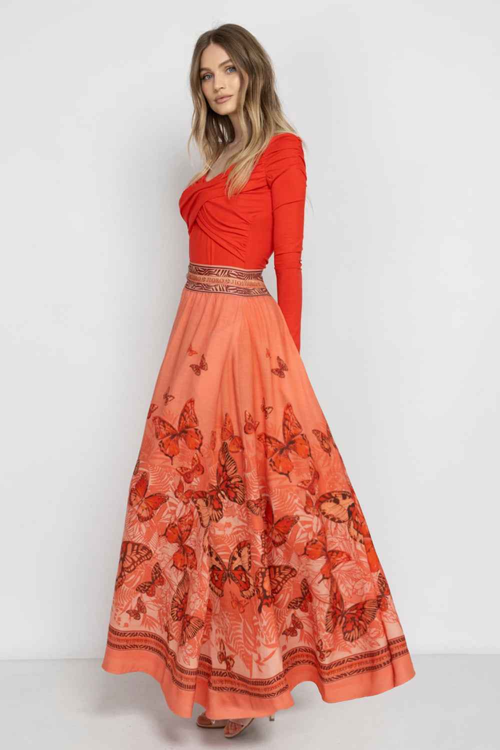 LONG LINEN SKIRT WITH ELASTIC WAIST AND SIDE POCKETS - PAPAYA BUTTERFLIES