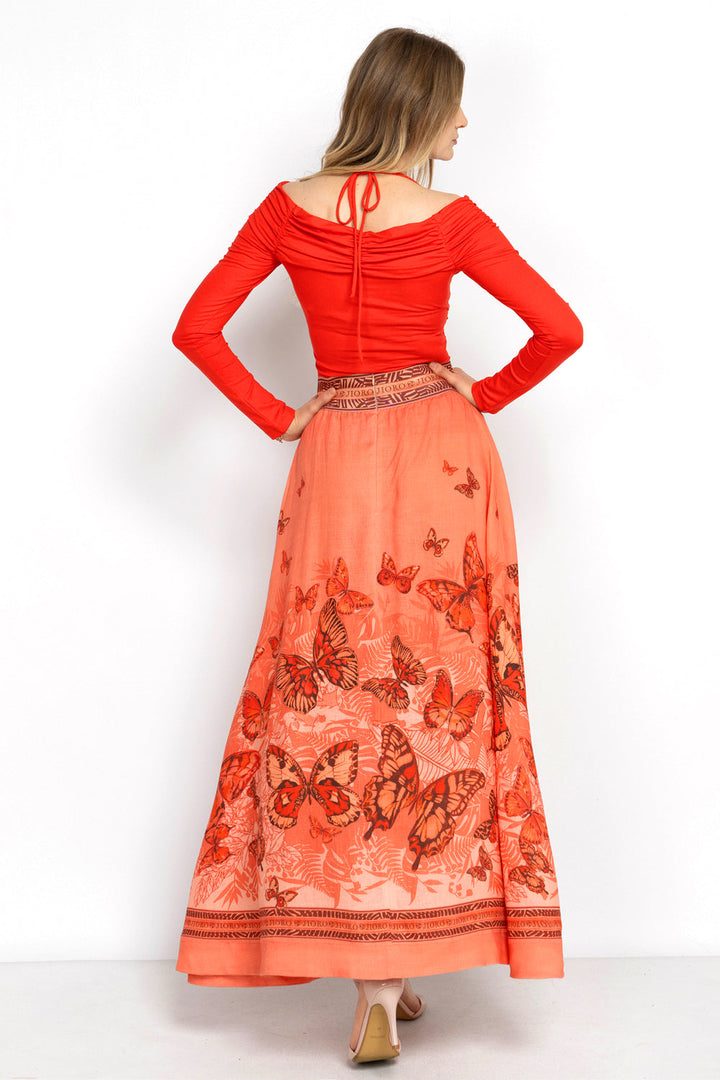 LONG LINEN SKIRT WITH ELASTIC WAIST AND SIDE POCKETS - PAPAYA BUTTERFLIES JIORO ДЪЛГА ПОЛА ОТ ЛЕН С ЛАСТИЧЕН КОЛАН - PAPAYA BUTTERFLIES JIORO