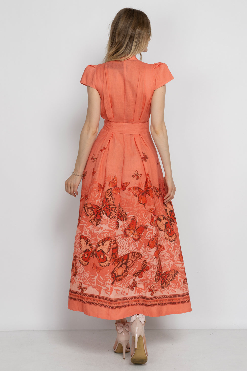 LONG FLARED LINEN DRESS - PAPAYA BUTTERFLIES JIORO ДЪЛГА РАЗКРОЕНА РОКЛЯ ОТ ЛЕН - PAPAYA BUTTERFLIES JIORO