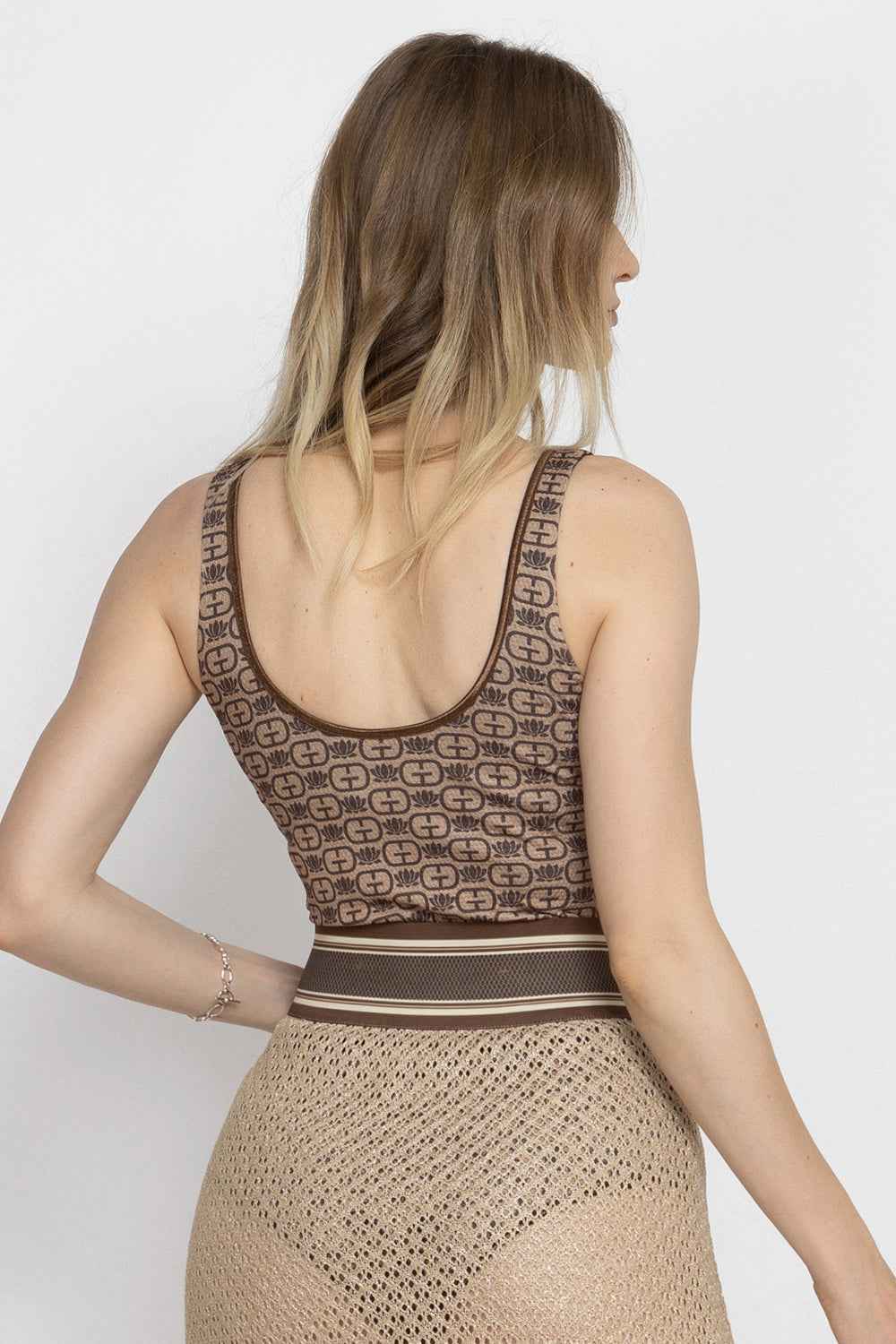 SLEEVELESS MESH BODYSUIT WITH MODAL LINING - MOCHA MOUSSE LOGO