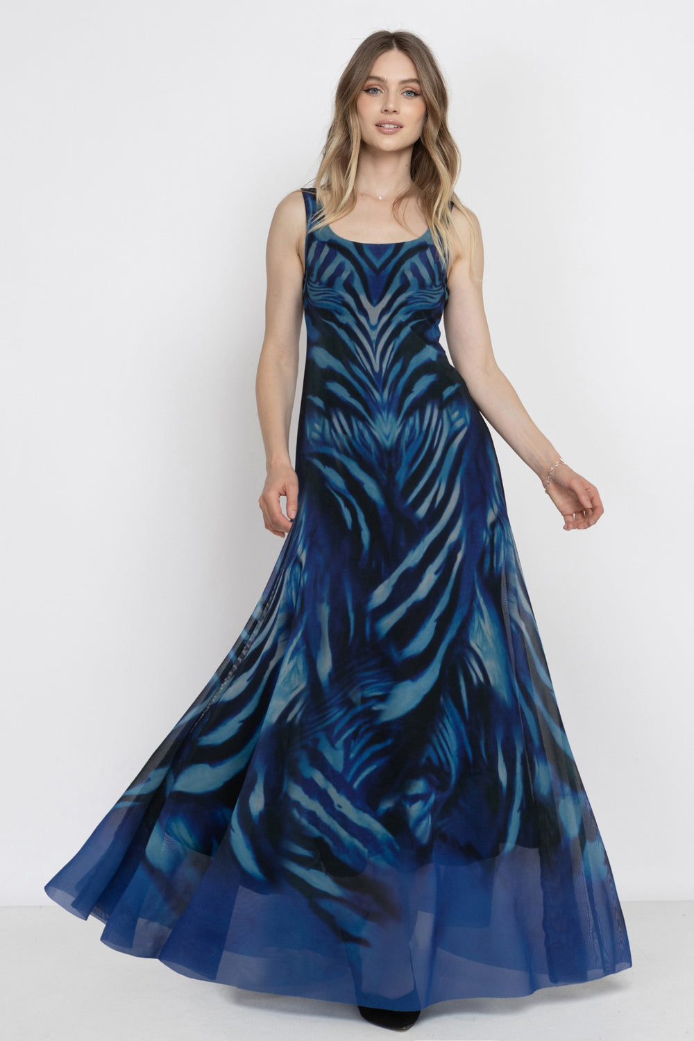 SLEEVELESS LONG MESH DRESS WITH SOFT MODAL LINING - SHADES OF BLUE