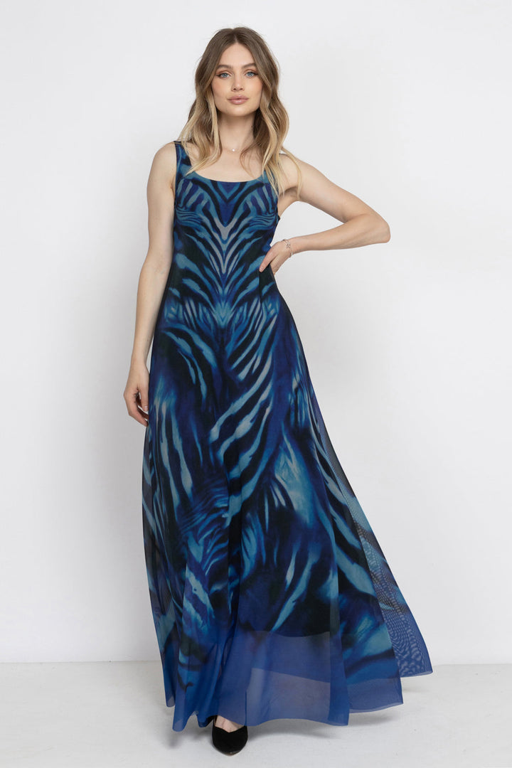 SLEEVELESS LONG MESH DRESS WITH SOFT MODAL LINING - SHADES OF BLUE JIORO ДЪЛГА РОКЛЯ ОТ МРЕЖА БЕЗ РЪКАВИ С ПОДПЛАТА ОТ МОДАЛ - SHADES OF BLUE JIORO