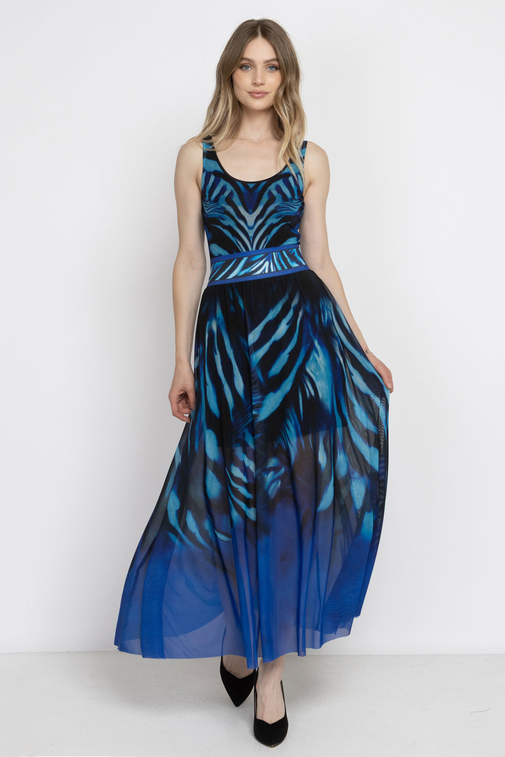 SLEEVELESS MESH BODYSUIT WITH DEEP SCOOP NECKLINE AND MODAL LINING - SHADES OF BLUE