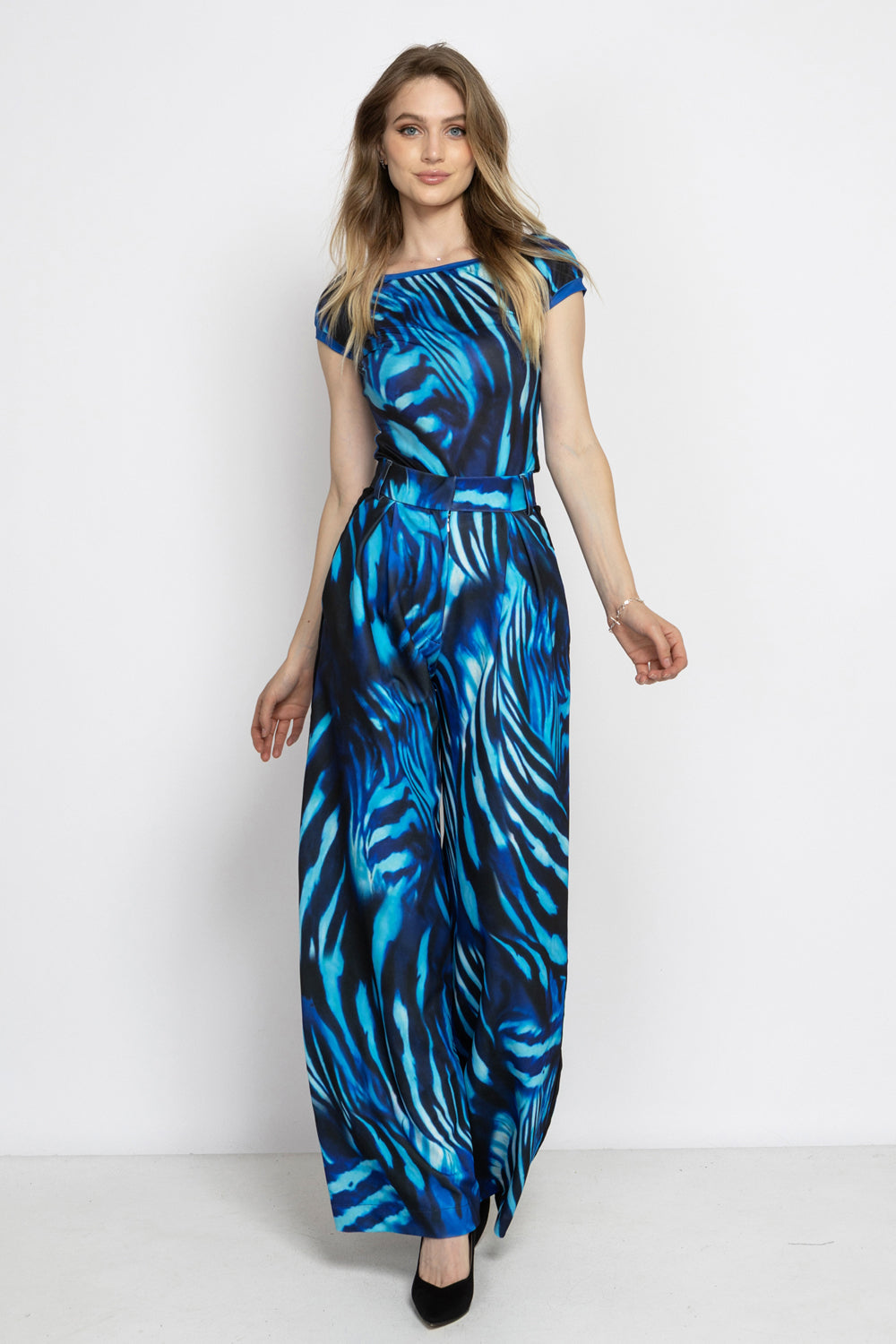 PLEATED WIDE-LEG VISCOSE PANTS - SHADES OF BLUE