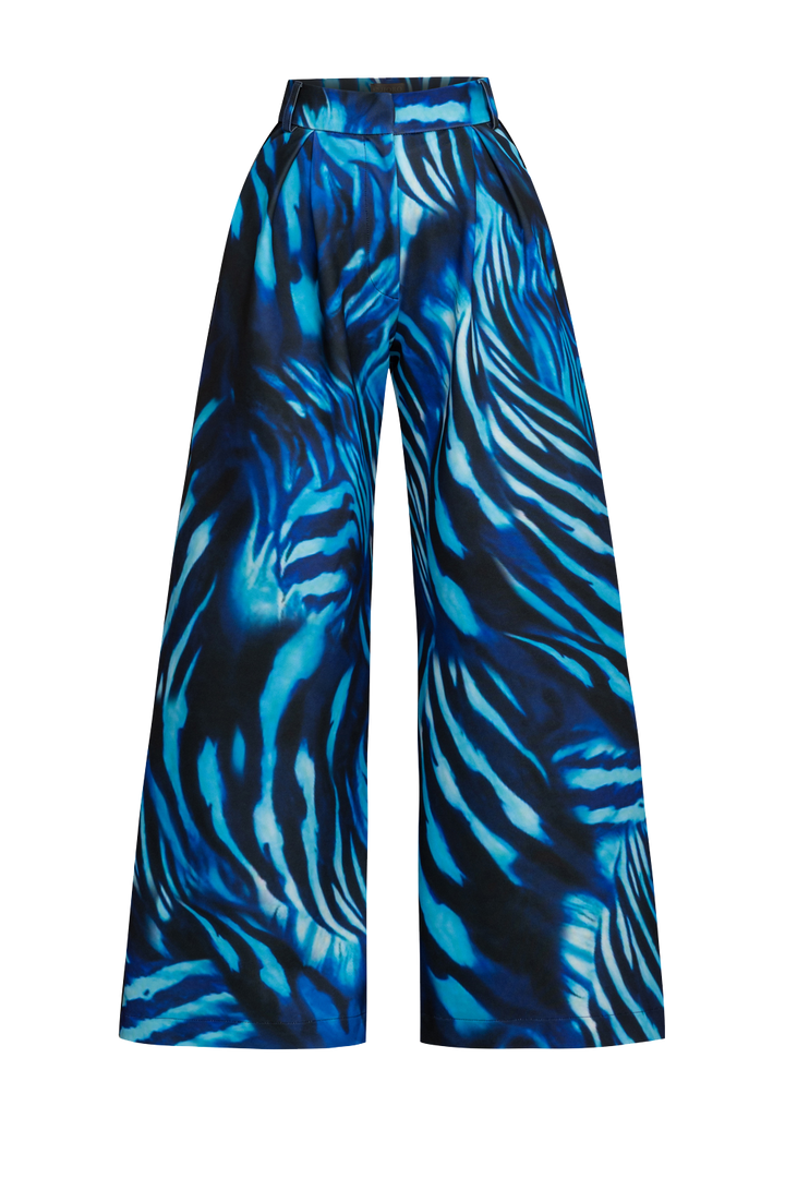 PLEATED WIDE-LEG VISCOSE PANTS - SHADES OF BLUE