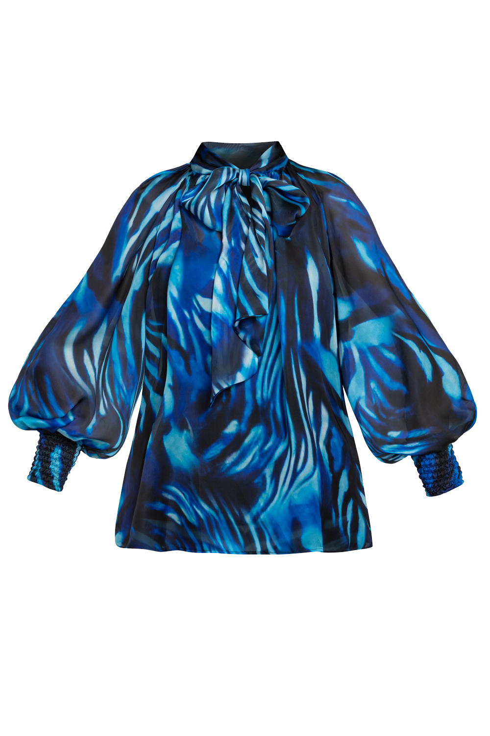 BOHEMIAN BLOUSE WITH PUFF SLEEVES AND TIE-FRONT COLLAR - SHADES OF BLUE