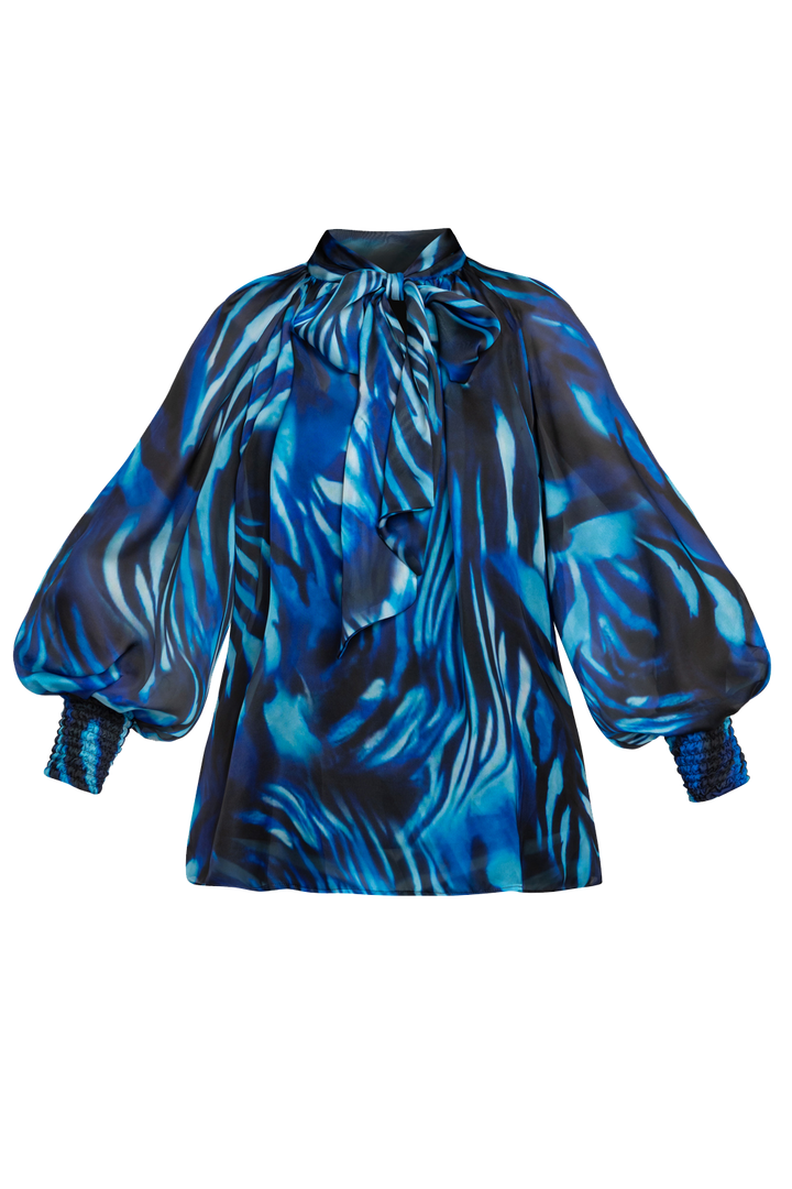 BOHEMIAN BLOUSE WITH PUFF SLEEVES AND TIE-FRONT COLLAR - SHADES OF BLUE
