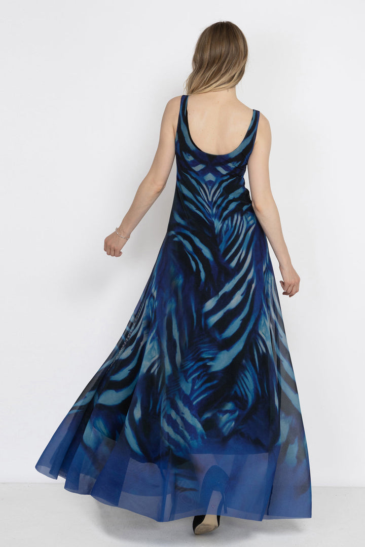 SLEEVELESS LONG MESH DRESS WITH SOFT MODAL LINING - SHADES OF BLUE JIORO ДЪЛГА РОКЛЯ ОТ МРЕЖА БЕЗ РЪКАВИ С ПОДПЛАТА ОТ МОДАЛ - SHADES OF BLUE JIORO