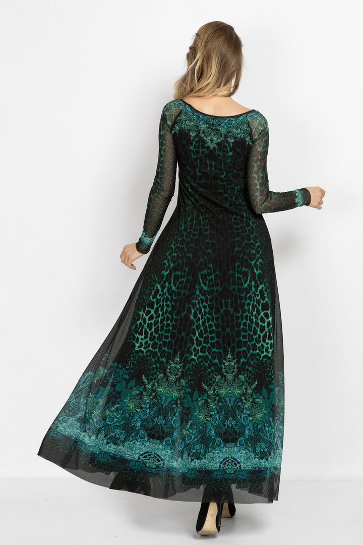 LONG FINE NET DRESS WITH BOAT NECKLINE - LEO NEON GREEN