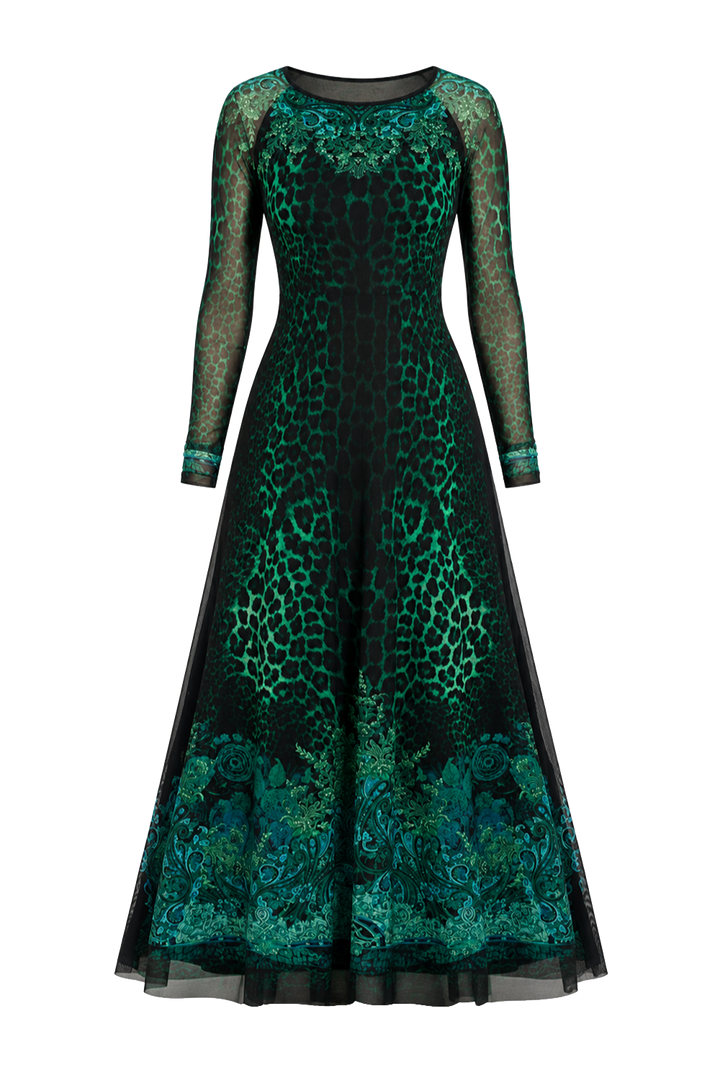 LONG FINE NET DRESS WITH BOAT NECKLINE - LEO NEON GREEN