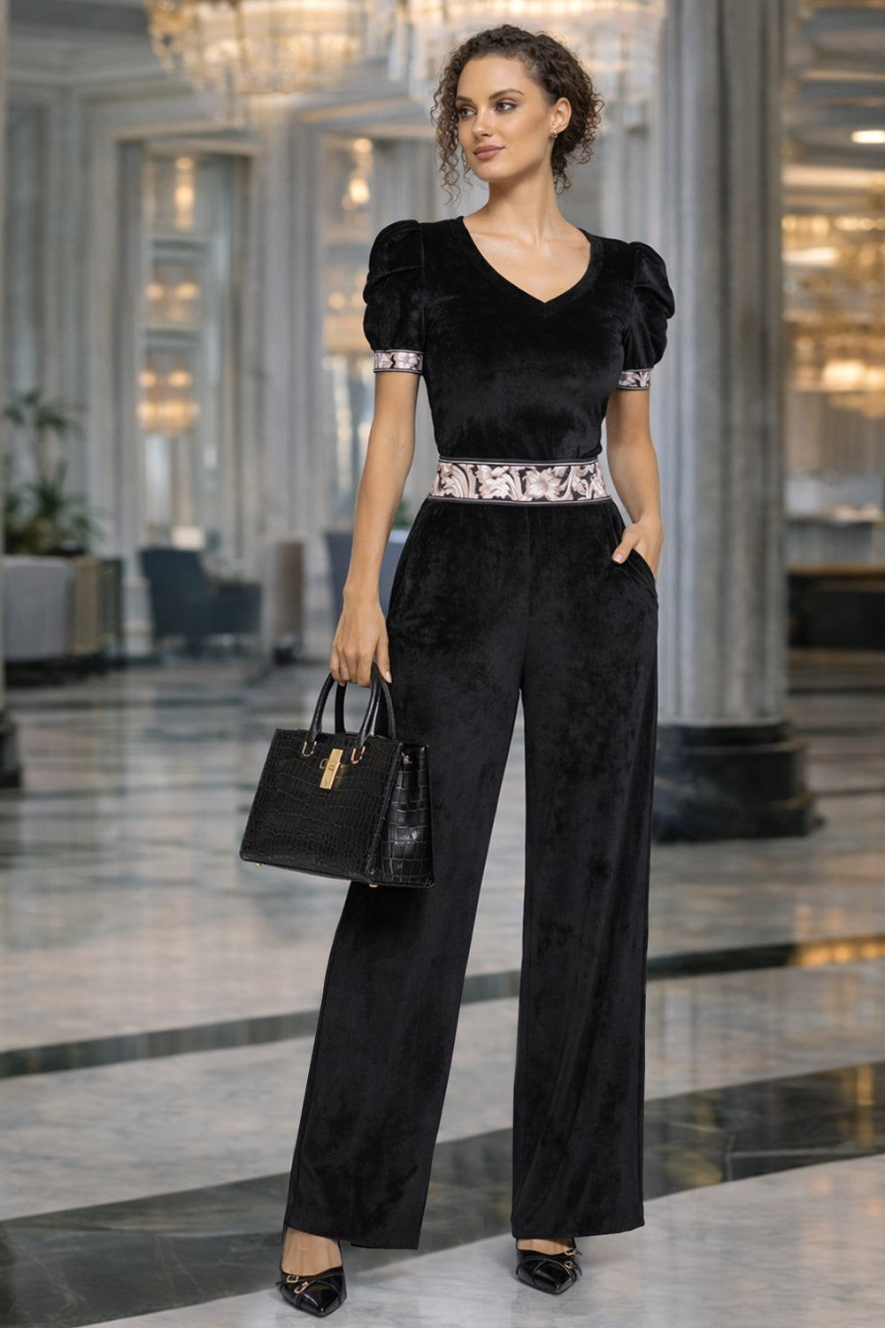 VELVET WIDE-LEG TROUSERS WITH ELASTIC WAIST IN BLACK - ESSENTIALS - Fashion Roots