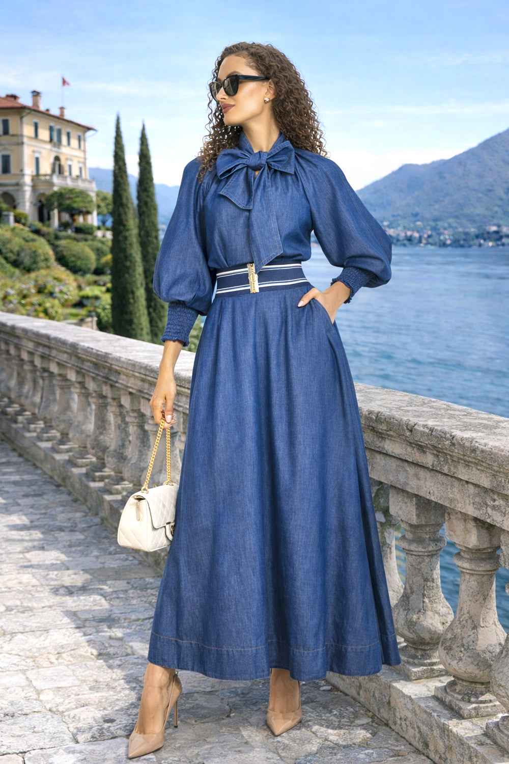 LONG DENIM SKIRT WITH ELASTIC WAIST AND SIDE POCKETS - ESSENTIALS