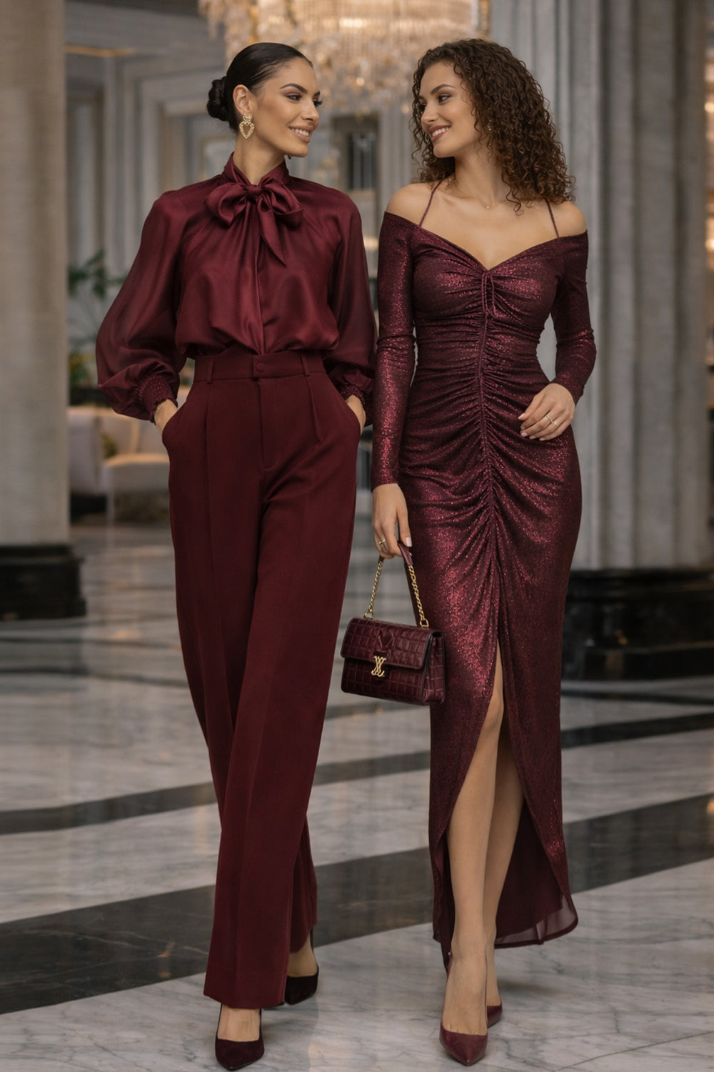 ASYMMETRIC LUREX DRESS WITH KNOT DETAIL AND FRONT DRAWSTRING - BURGUNDY LOGO