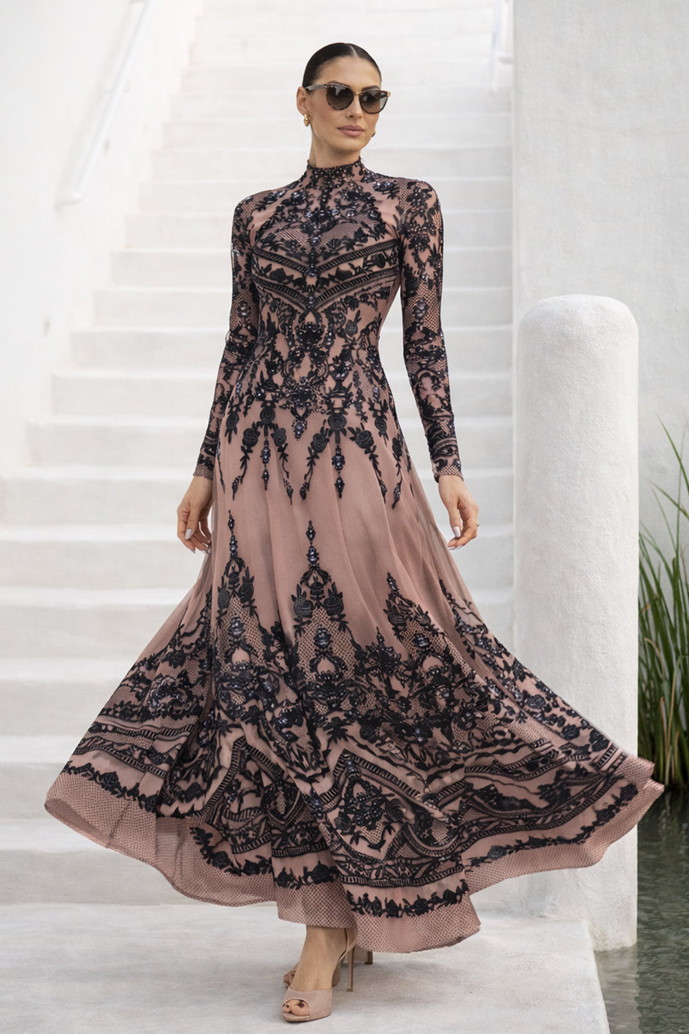 LONG FINE NET DRESS - GRAFFITI POWDER