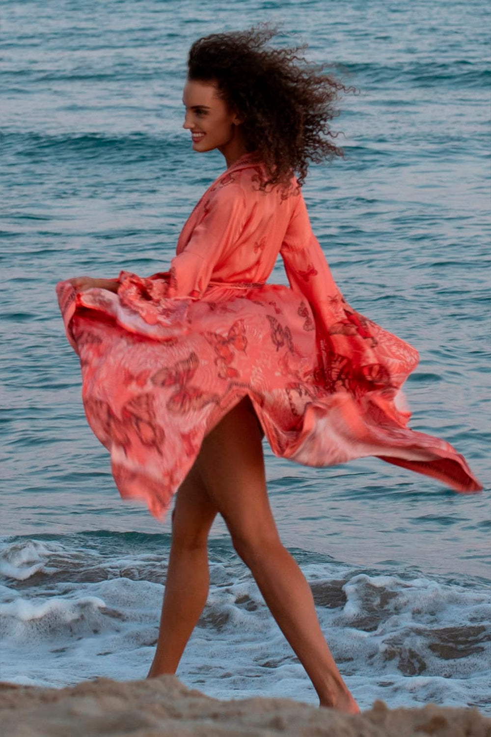 VISCOSE KIMONO WITH DRAPED BACK AND SHAWL COLLAR - PAPAYA BUTTERFLIES JIORO КИМОНО ОТ ВИСКОЗА С ШАЛ ЯКА И ДРАПИРАН ГРЪБ - PAPAYA BUTTERFLIES JIORO