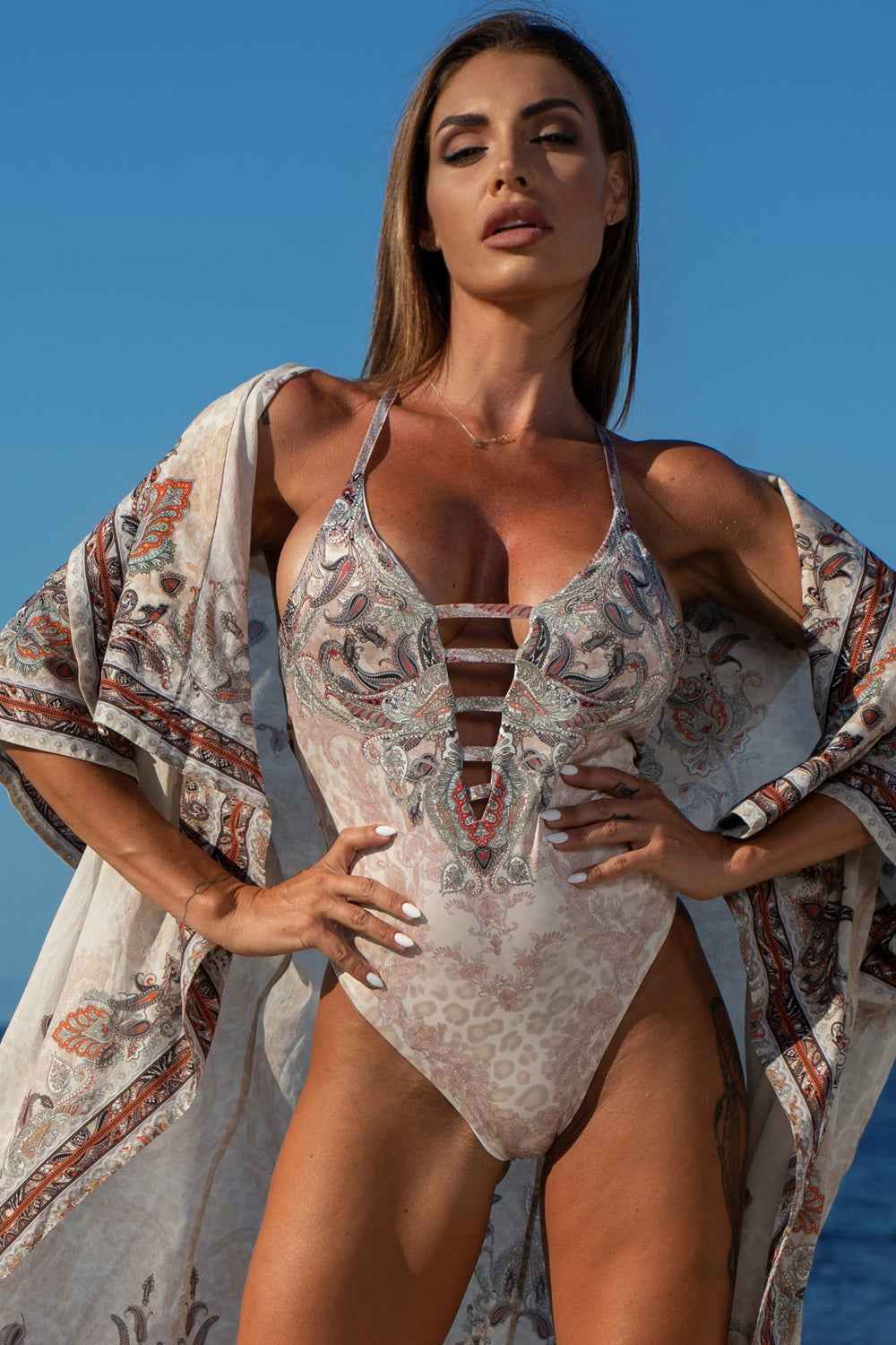ONE-PIECE DEEP V-NECK SWIMSUIT – PAISLEY BEIGE - Fashion Roots