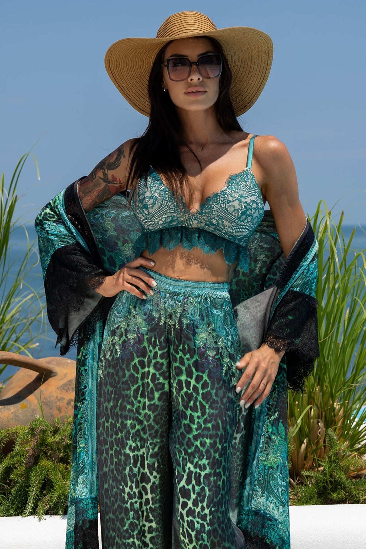 VISCOSE LOOSE TROUSERS - LEO NEON GREEN - Fashion Roots