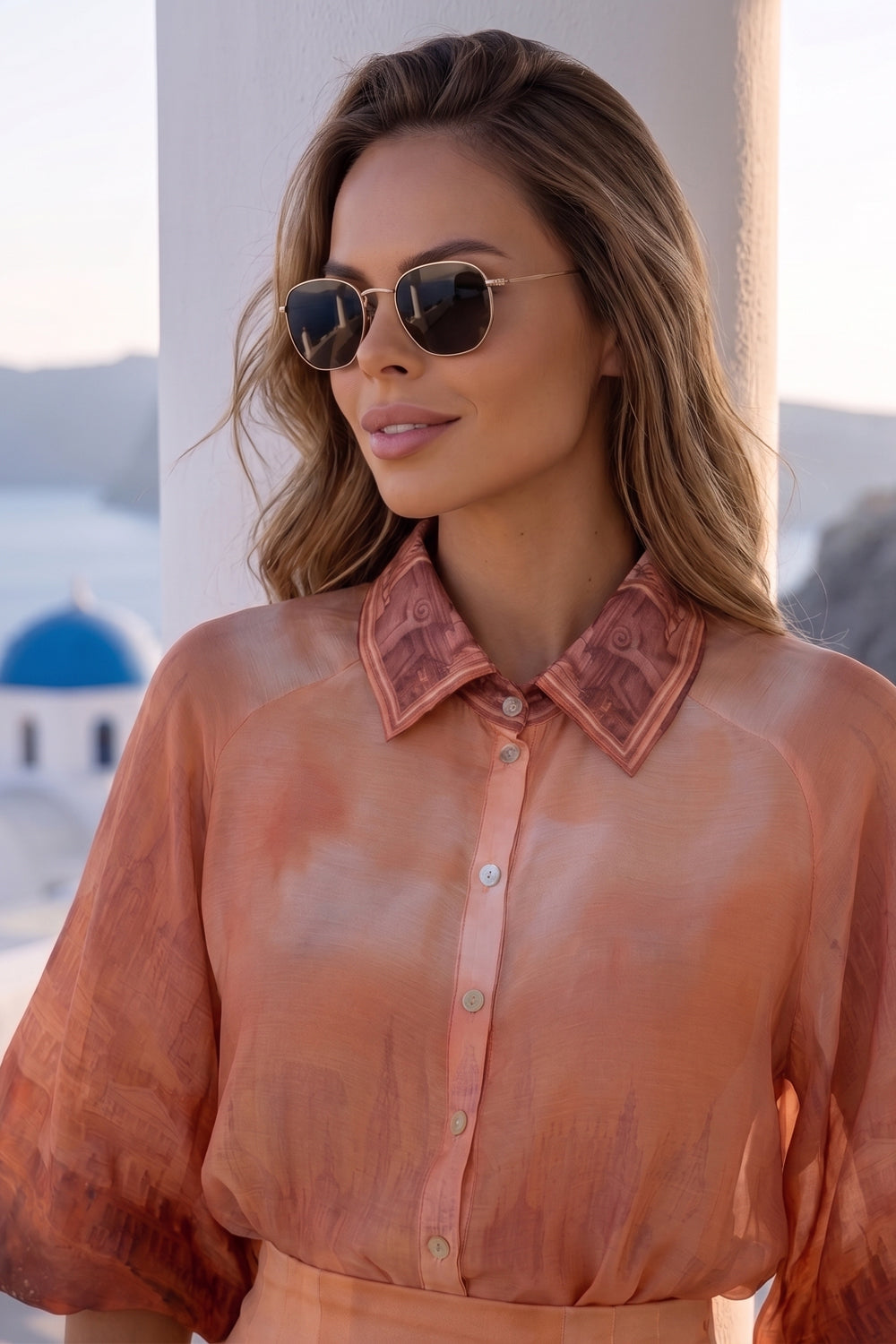 3/4-SLEEVE SHIRT WITH ELASTIC HEM AND SHELL BUTTON PLASTRON IN VISCOSE-SILK - ANCIENT TOWN JIORO РИЗА С 3/4 РЪКАВ ОТ ВИСКОЗА И КОПРИНА - ANCIENT TOWN JIORO