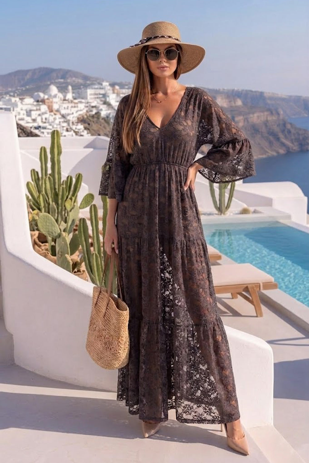 ESPRESSO BOHO LACE DRESS WITH GATHERED RUFFLES AND LINING - ESSENTIALS JIORO ДАНТЕЛЕНА БОХО РОКЛЯ В ЦВЯТ ЕСПРЕСО С ВОЛАНИ И ПОДВИЖНА ПОДПЛАТА - ESSENTIALS JIORO