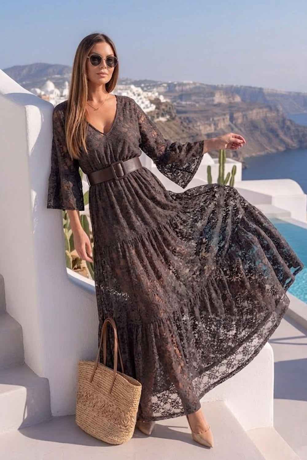 ESPRESSO BOHO LACE DRESS WITH GATHERED RUFFLES AND LINING - ESSENTIALS
