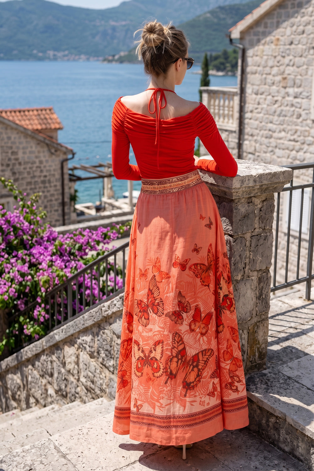 LONG LINEN SKIRT WITH ELASTIC WAIST AND SIDE POCKETS - PAPAYA BUTTERFLIES