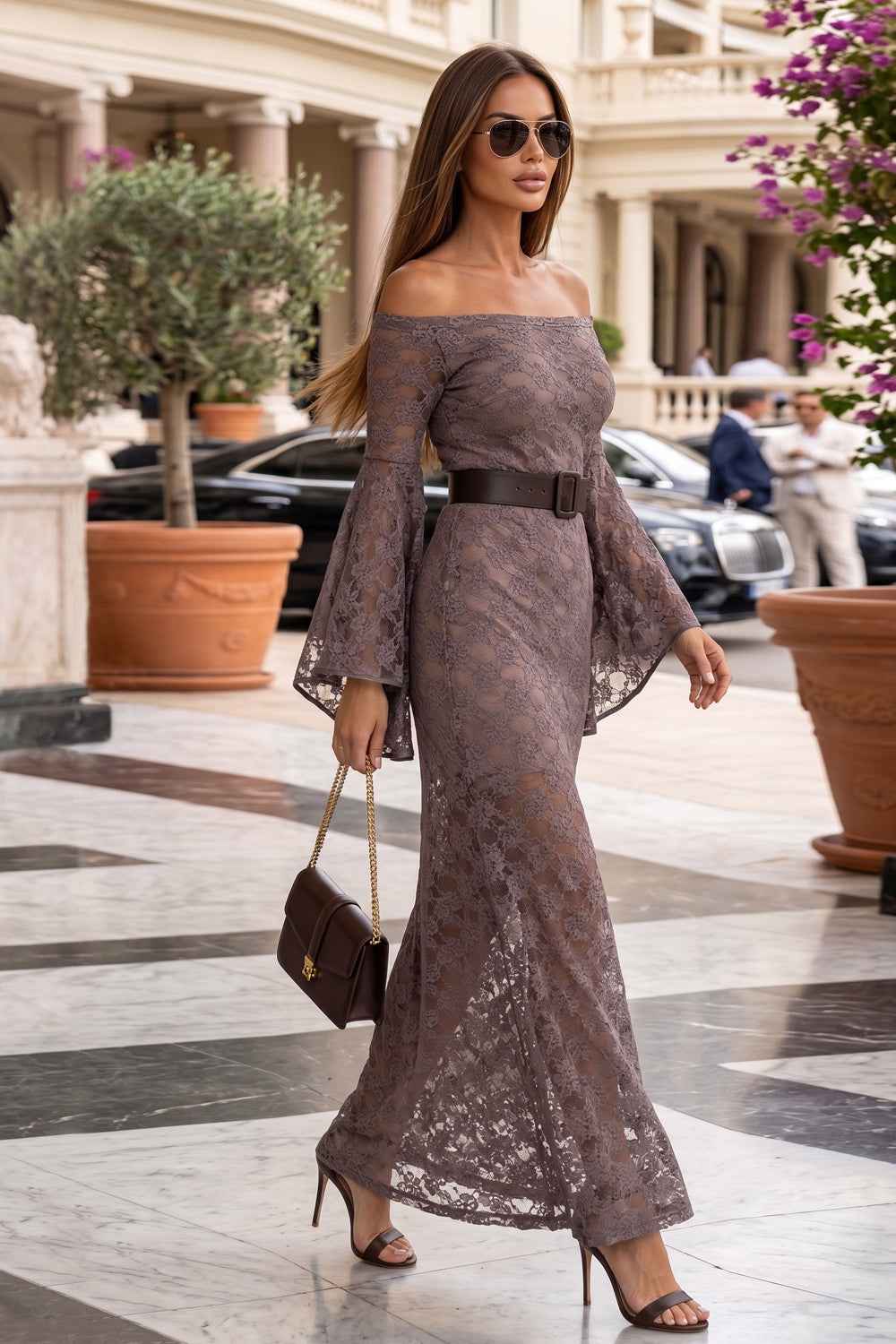 LONG FLORAL LACE DRESS WITH OFF-SHOULDER NECKLINE IN MOCHA - ESSENTIALS