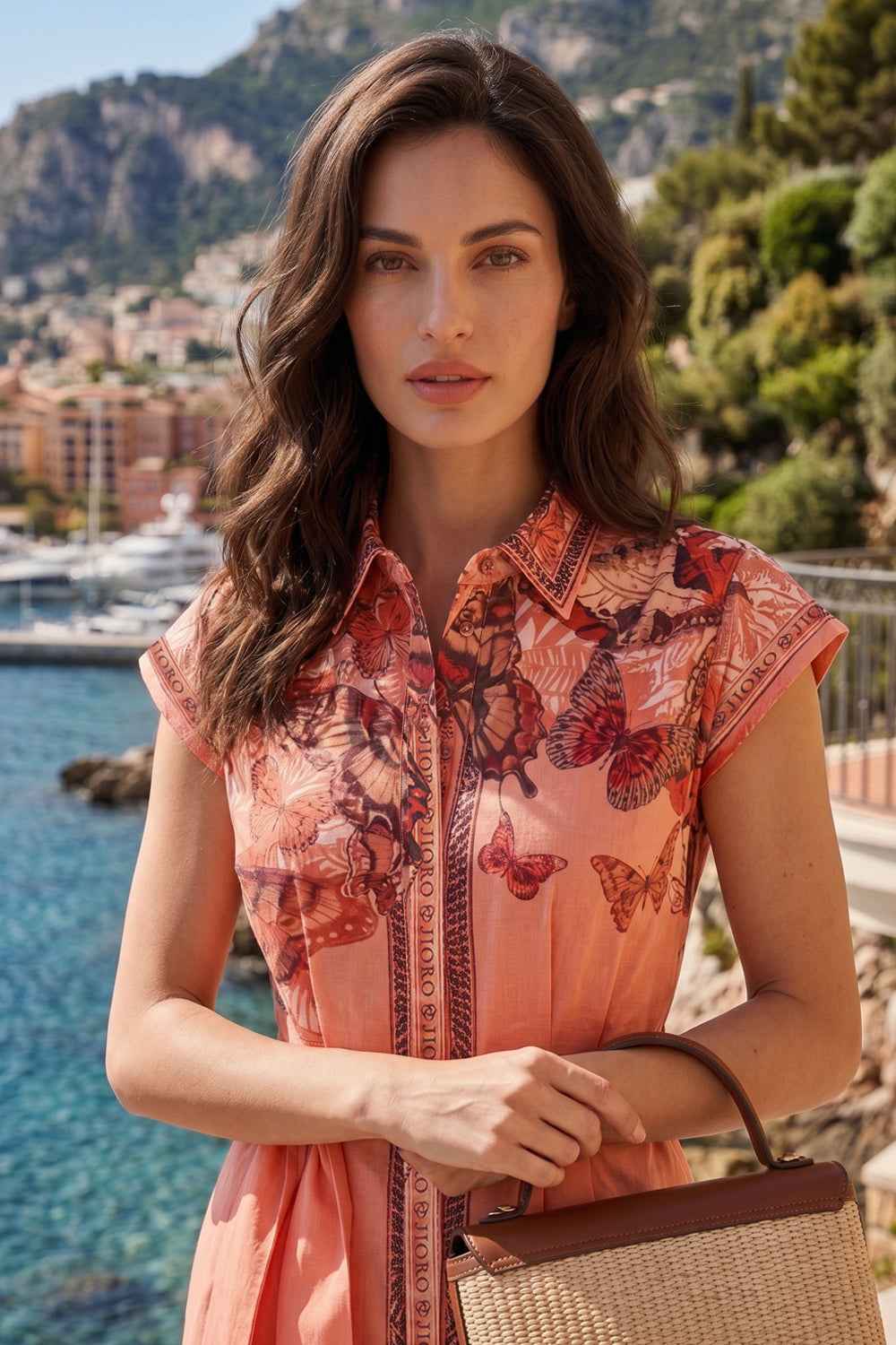 POPLIN SHIRT DRESS WITH OVAL HEM AND DRAPED WAIST - PAPAYA BUTTERFLIES