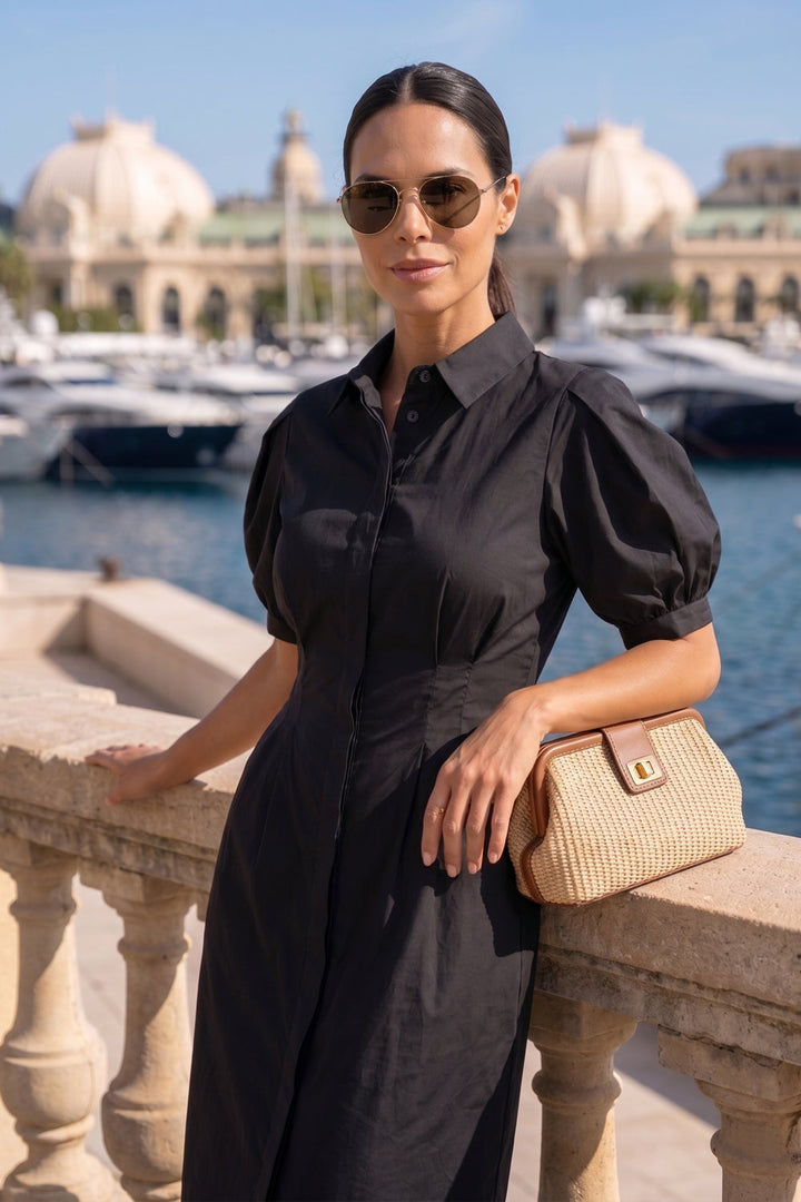 BLACK SHIRT COTTON POPLIN DRESS WITH OVAL HEM - ESSENTIALS