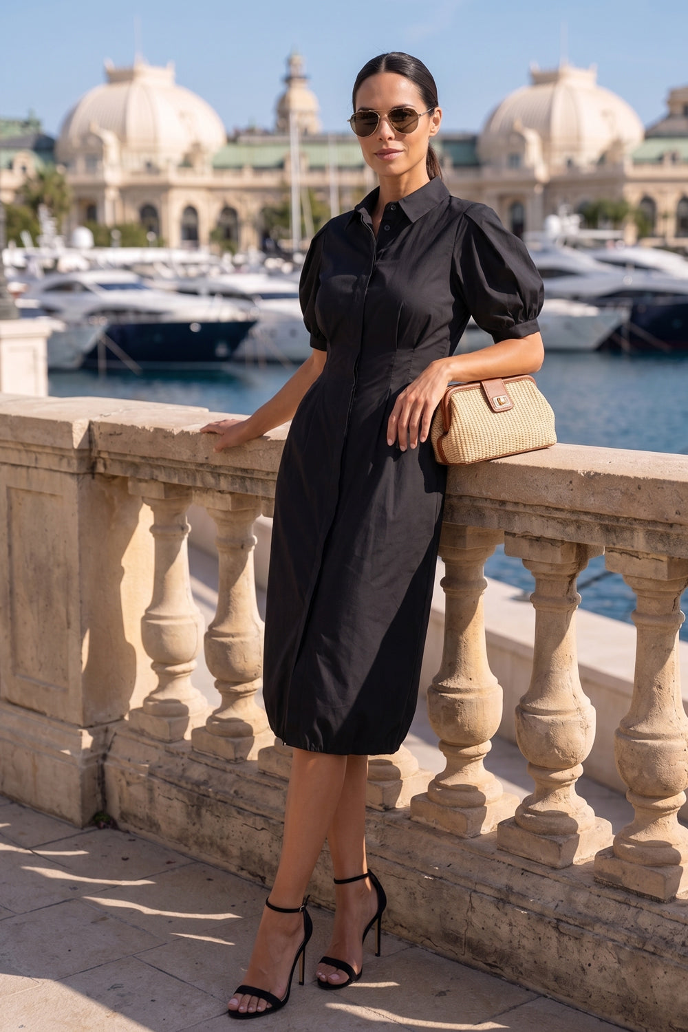 BLACK SHIRT COTTON POPLIN DRESS WITH OVAL HEM - ESSENTIALS