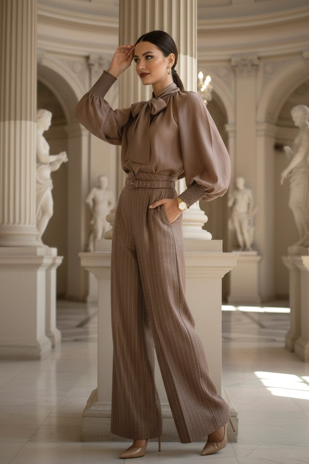 BOHEMIAN MOCHA LYOCELL BLOUSE WITH PUFF SLEEVES AND TIE-FRONT COLLAR - ESSENTIALS JIORO БОХЕМСКА РИЗА ОТ ЛИОЦЕЛ С БОГАТИ РЪКАВИ И ВРЪЗКА В МОКА JIORO