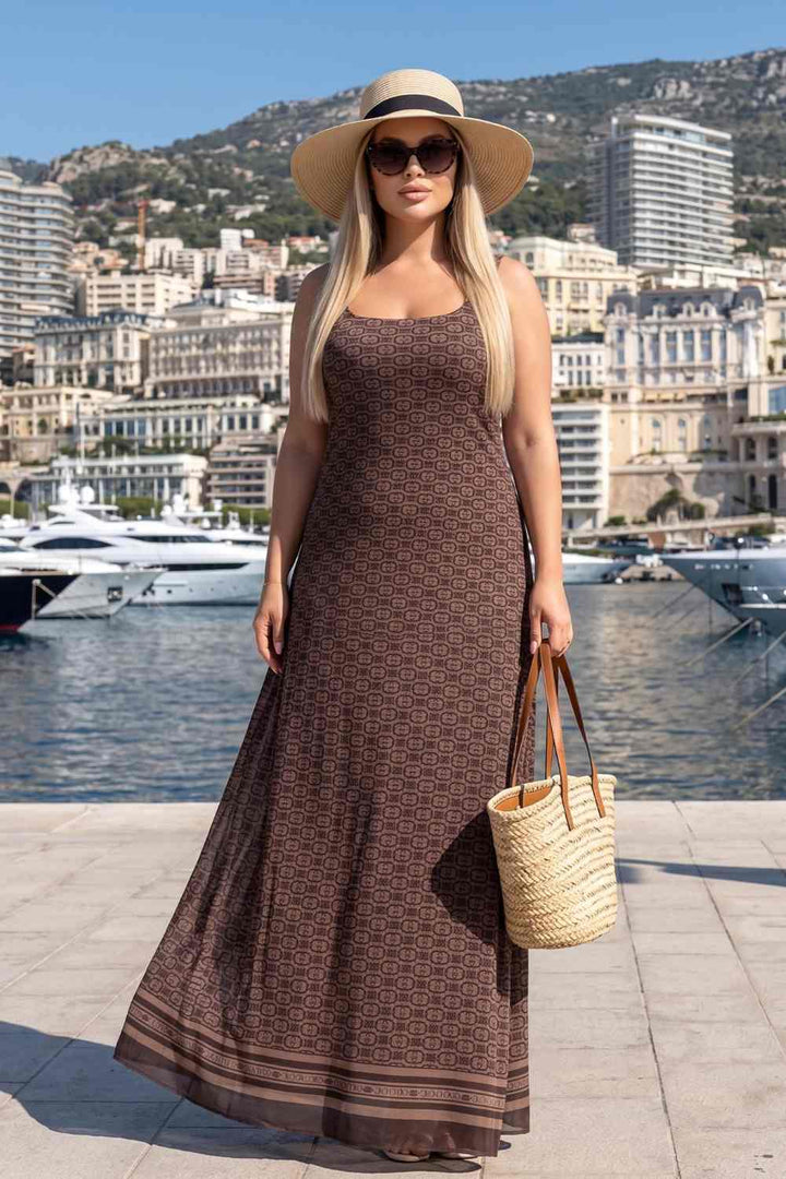 SLEEVELESS LONG MESH DRESS WITH SOFT MODAL LINING - MOCHA MOUSSE LOGOJIORO ДЪЛГА РОКЛЯ БЕЗ РЪКАВ ОТ МРЕЖА С ПОДПЛАТА ОТ ФИН МОДАЛ - MOCHA MOUSSE LOGO JIORO