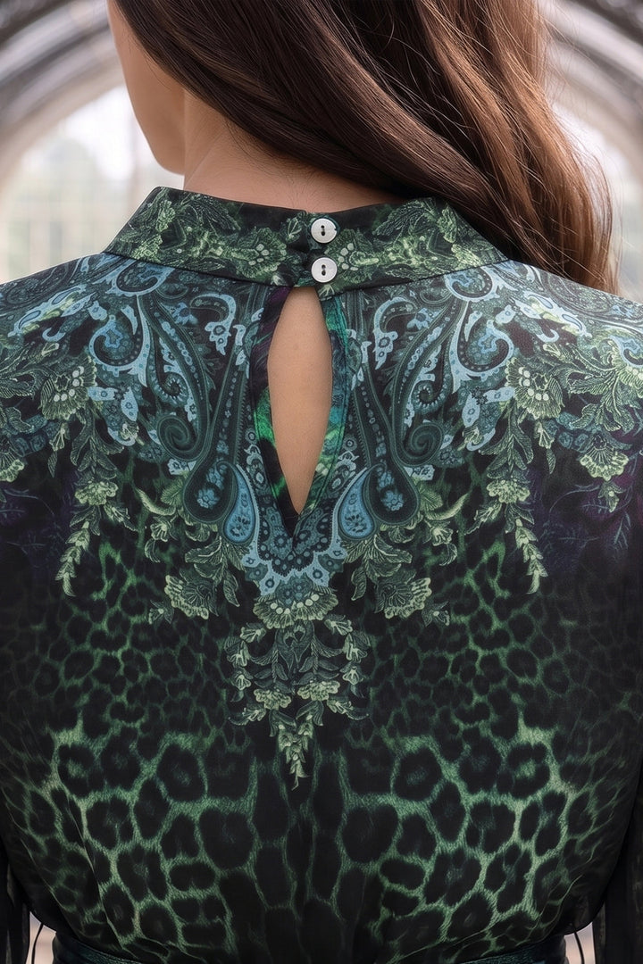 VISCOSE CAFTAN WITH FEATHERS - LEO NEON GREEN