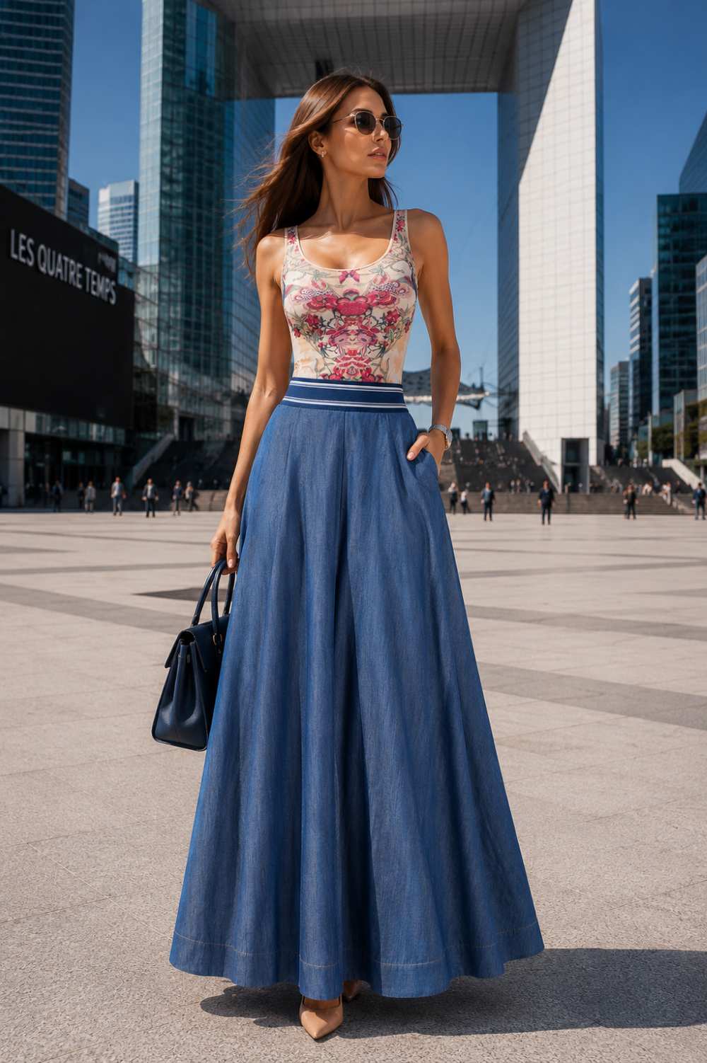 LONG DENIM SKIRT WITH ELASTIC WAIST AND SIDE POCKETS - ESSENTIALS