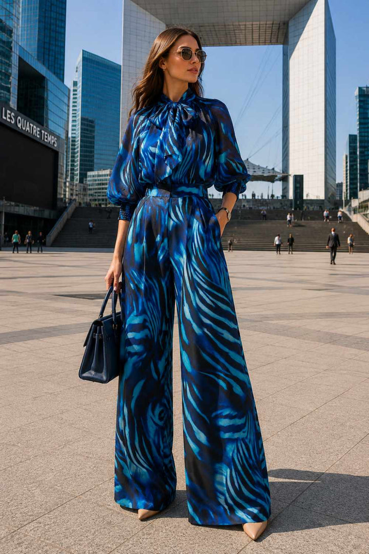 PLEATED WIDE-LEG VISCOSE PANTS - SHADES OF BLUE