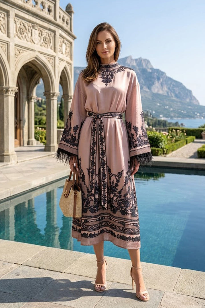 VISCOSE SATIN CAFTAN WITH FEATHERS - GRAFFITI POWDER