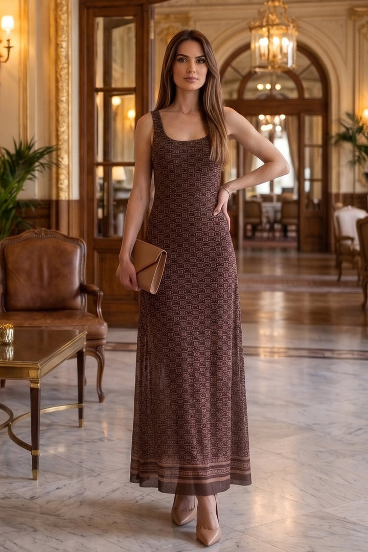 SLEEVELESS LONG MESH DRESS WITH SOFT MODAL LINING - MOCHA MOUSSE LOGO