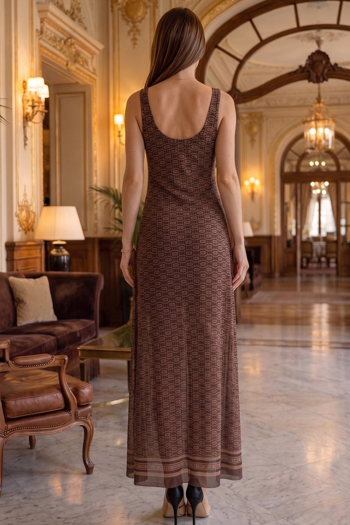 SLEEVELESS LONG MESH DRESS WITH SOFT MODAL LINING - MOCHA MOUSSE LOGO