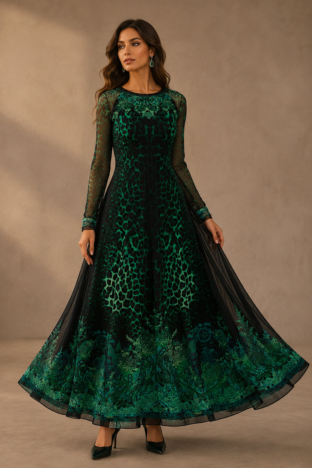 LONG FINE NET DRESS WITH BOAT NECKLINE - LEO NEON GREEN