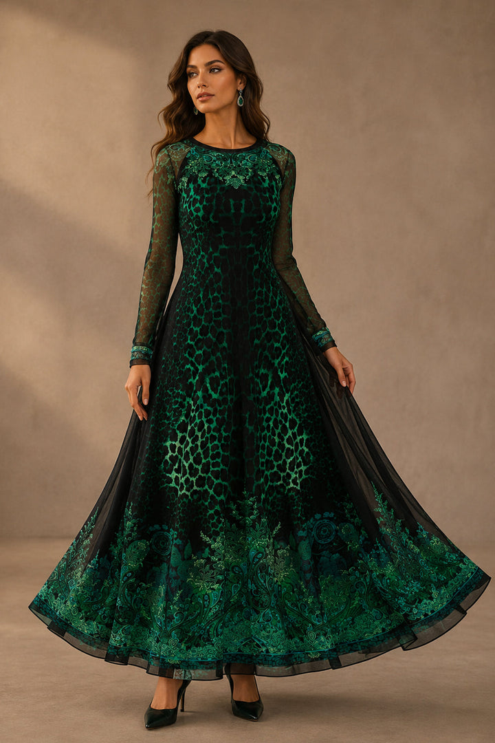 LONG FINE NET DRESS WITH BOAT NECKLINE - LEO NEON GREEN