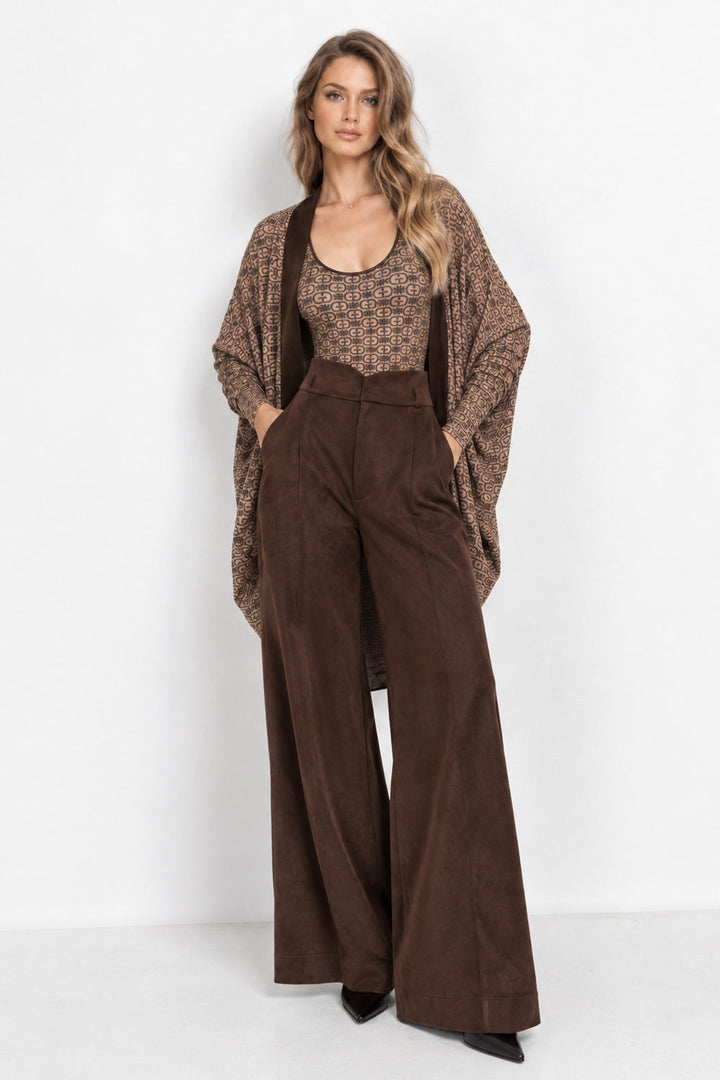 HIGH-WAISTED WIDE-LEG PANTS IN SUEDE-EFFECT DARK BROWN - ESSENTIALS