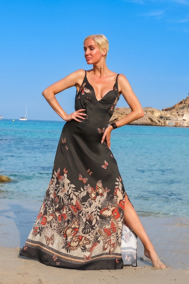 VISCOSE SLIP DRESS WITH OPEN BACK AND THIN STRAPS - MIDNIGHT BUTTERFLIES JIORO РОКЛЯ ОТ ВИСКОЗА С ОТВОРЕН ГРЪБ И ТЪНКИ ПРЕЗРАМКИ - MIDNIGHT BUTTERFLIES JIORO 