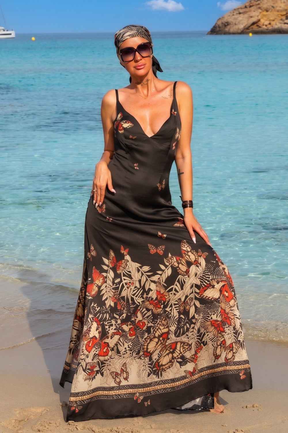 VISCOSE SLIP DRESS WITH OPEN BACK AND THIN STRAPS - MIDNIGHT BUTTERFLIES