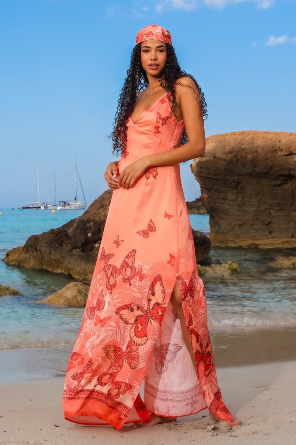 VISCOSE SLIP DRESS WITH OPEN BACK AND THIN STRAPS - PAPAYA BUTTERFLIES JIORO РОКЛЯ ОТ ВИСКОЗА С ОТВОРЕН ГРЪБ И ТЪНКИ ПРЕЗРАМКИ - PAPAYA BUTTERFLIES JIORO