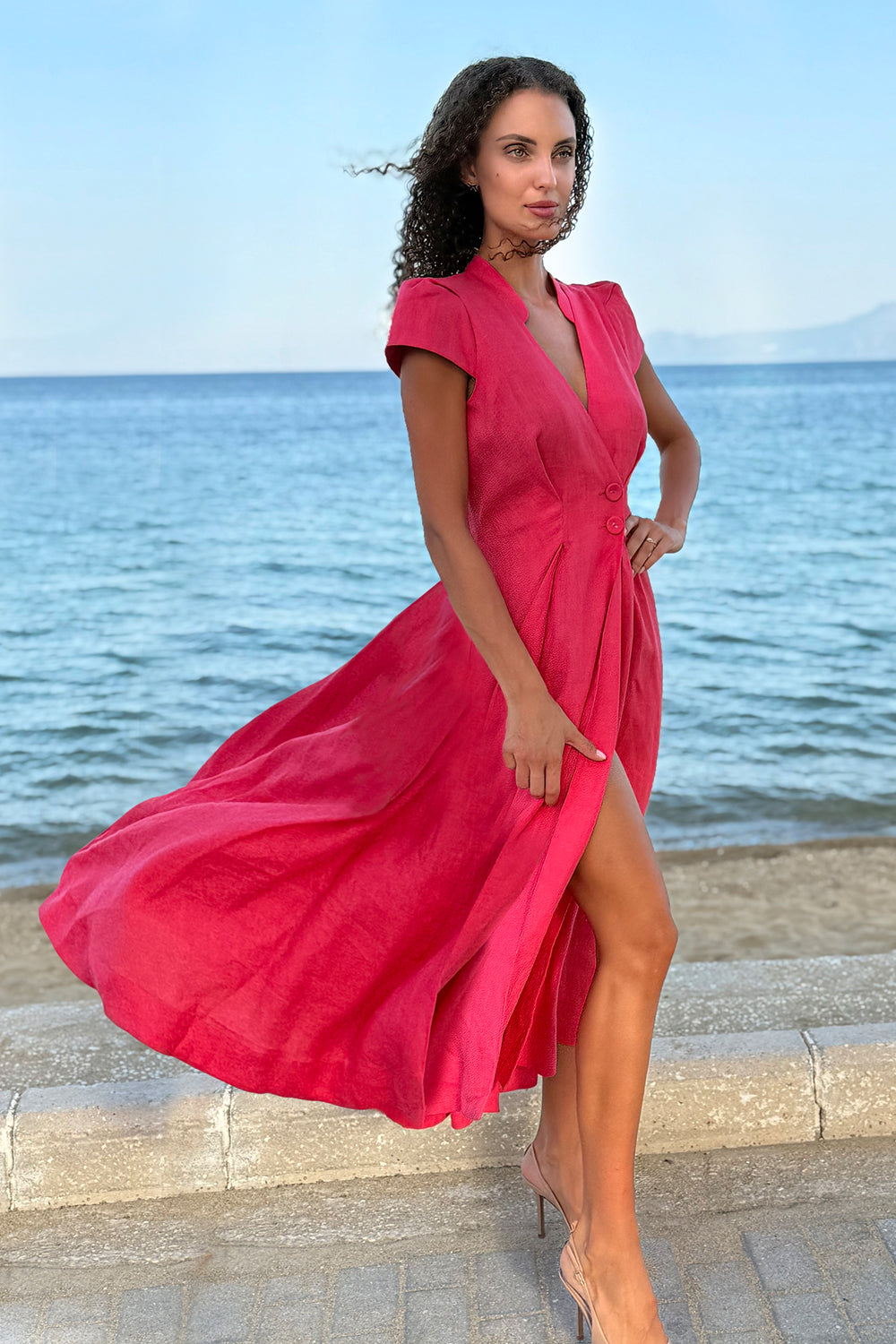 LONG FLARED LINEN DRESS IN FUCHSIA - ESSENTIALS - Fashion Roots