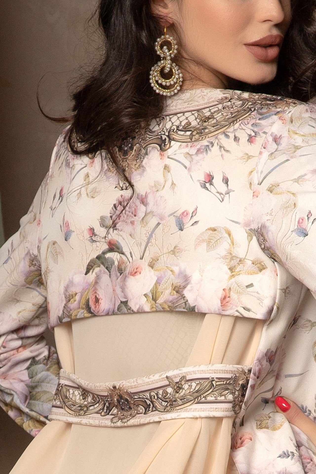 ELEGANT PRINTED CARDIGAN WITH CHIFFON BACK - BAROQUE FLOWERS