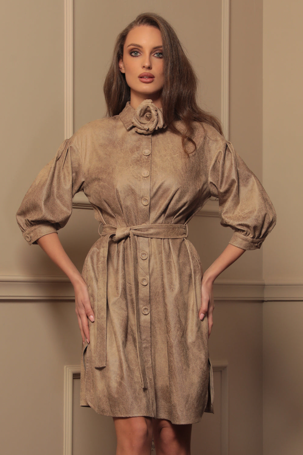 SUEDE-LOOK SHIRT DRESS IN CAPPUCINO - ESSENTIALS - Fashion Roots